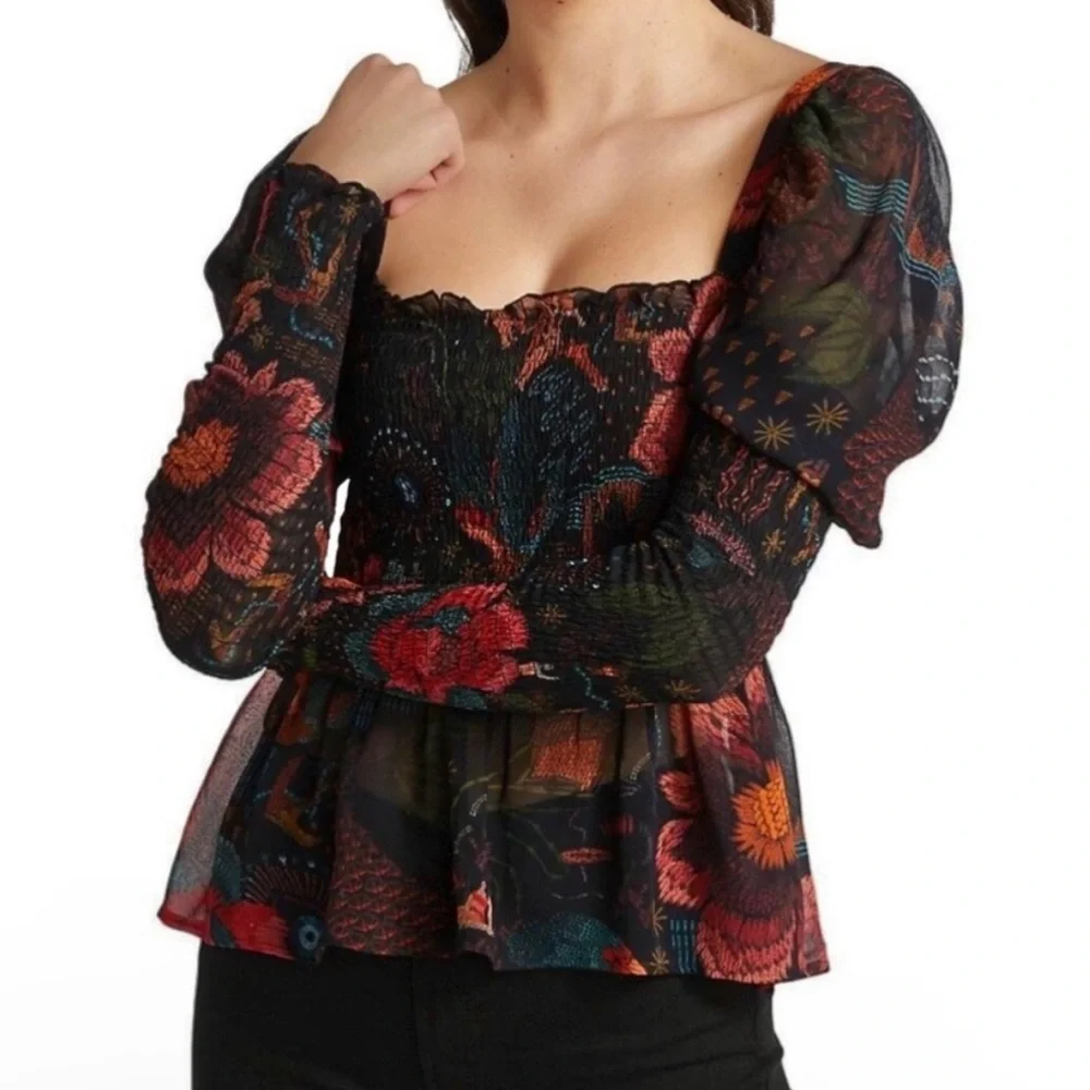 Farm Rio Medium Black River Creatures Blouse Tropical Puff Sleeve Peplum Resort